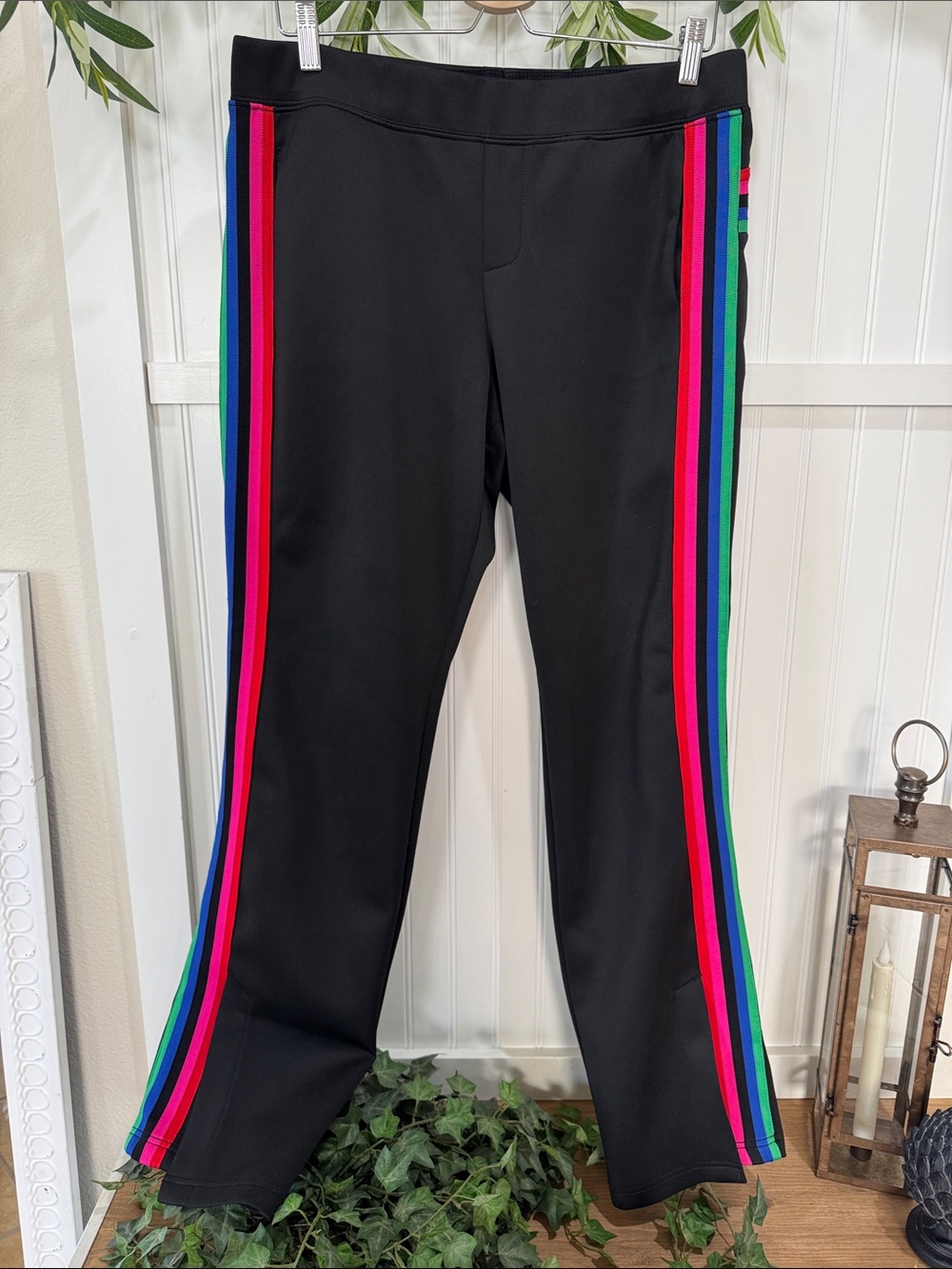 #121 PAM & GELA Black Track Pants w Pink, Blue, Green & Red Side Stripes L